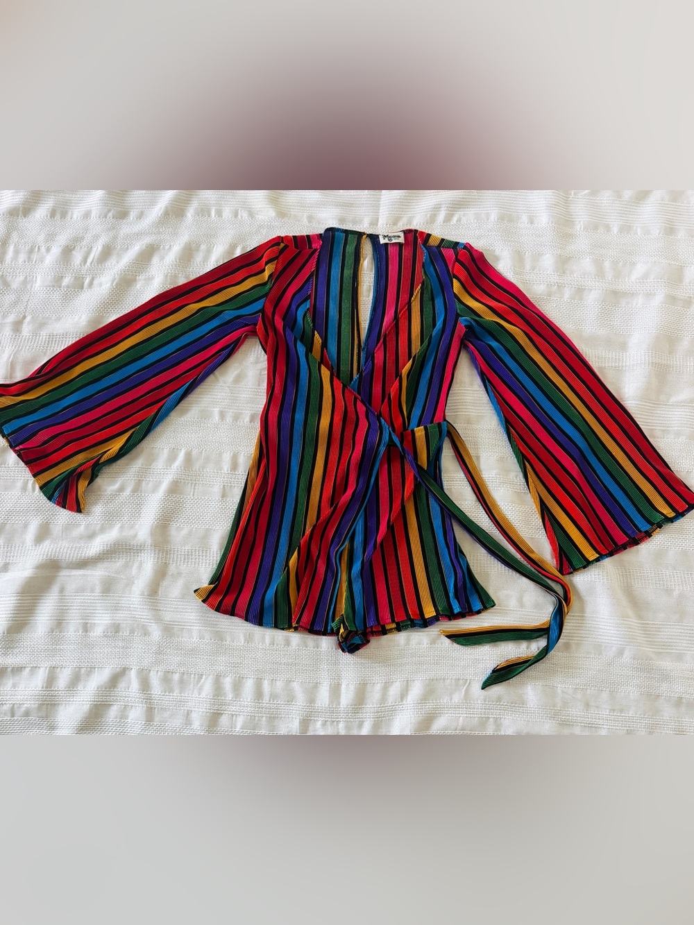 Show Me Your MuMu Rainbow Stripe Wrap romper with Bell Sleeves